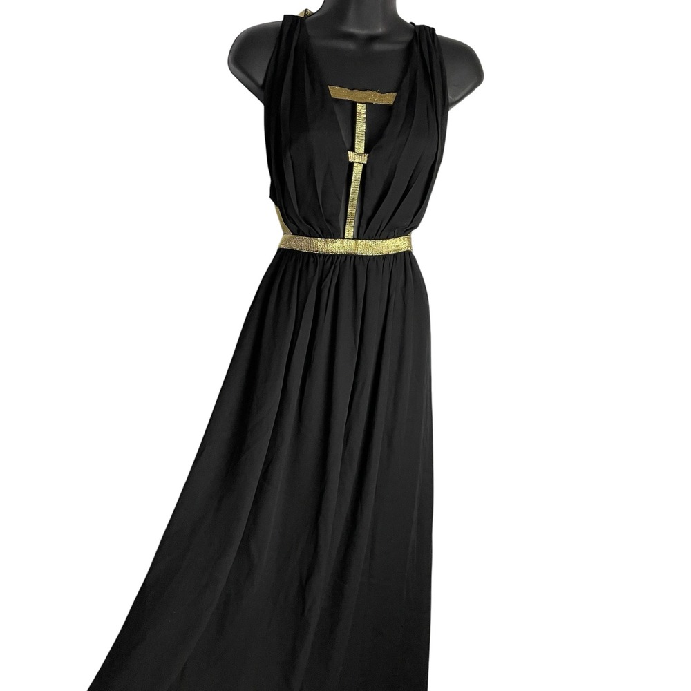 Love Culture Womens Grecian Maxi Dress Size S Black Gold Metallic Open Back